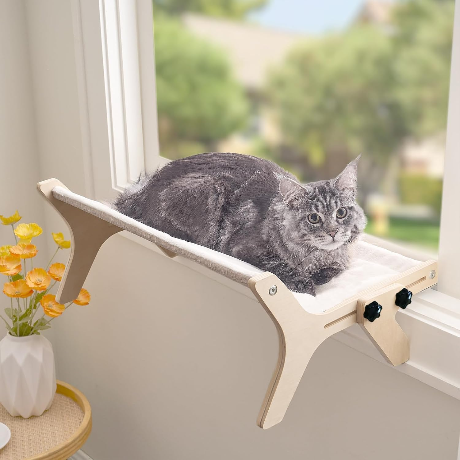 Cat Sill Window Perch Hammock Window Seat with Cushion Bed Cover, Wood & Metal Frame for Large Cats, Easy to Adjust Cat Bed for Windowsill, Bedside, Drawer and Cabinet