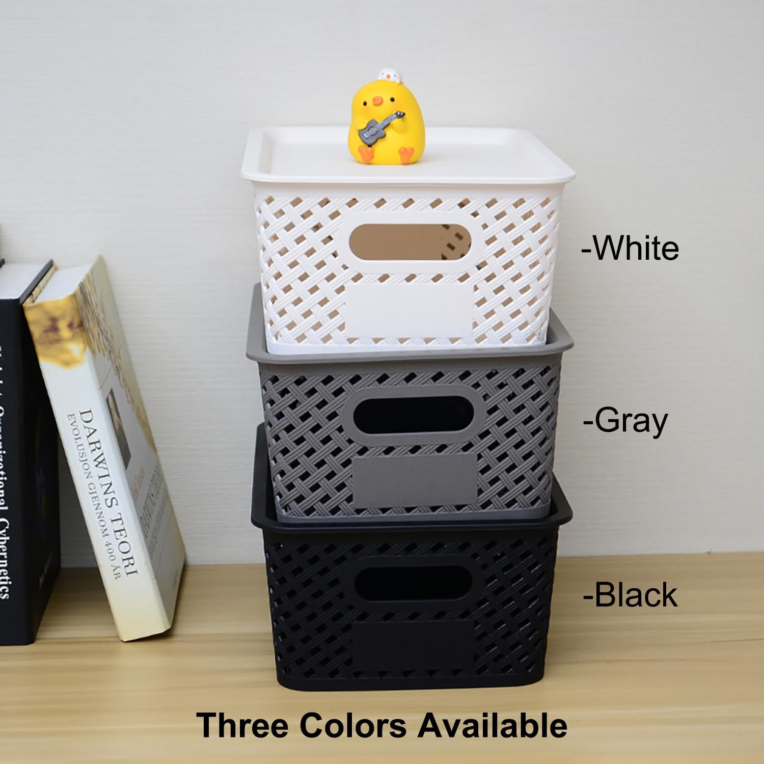 6-Pack Plastic Storage Baskets, Stackable Weave Baskets, Household Sundries Storage Baskets for Organizing Closets, Cabinets, Pantries, Shelves and Countertop Space (6 Pack-White-Plastic Lid) image number 2