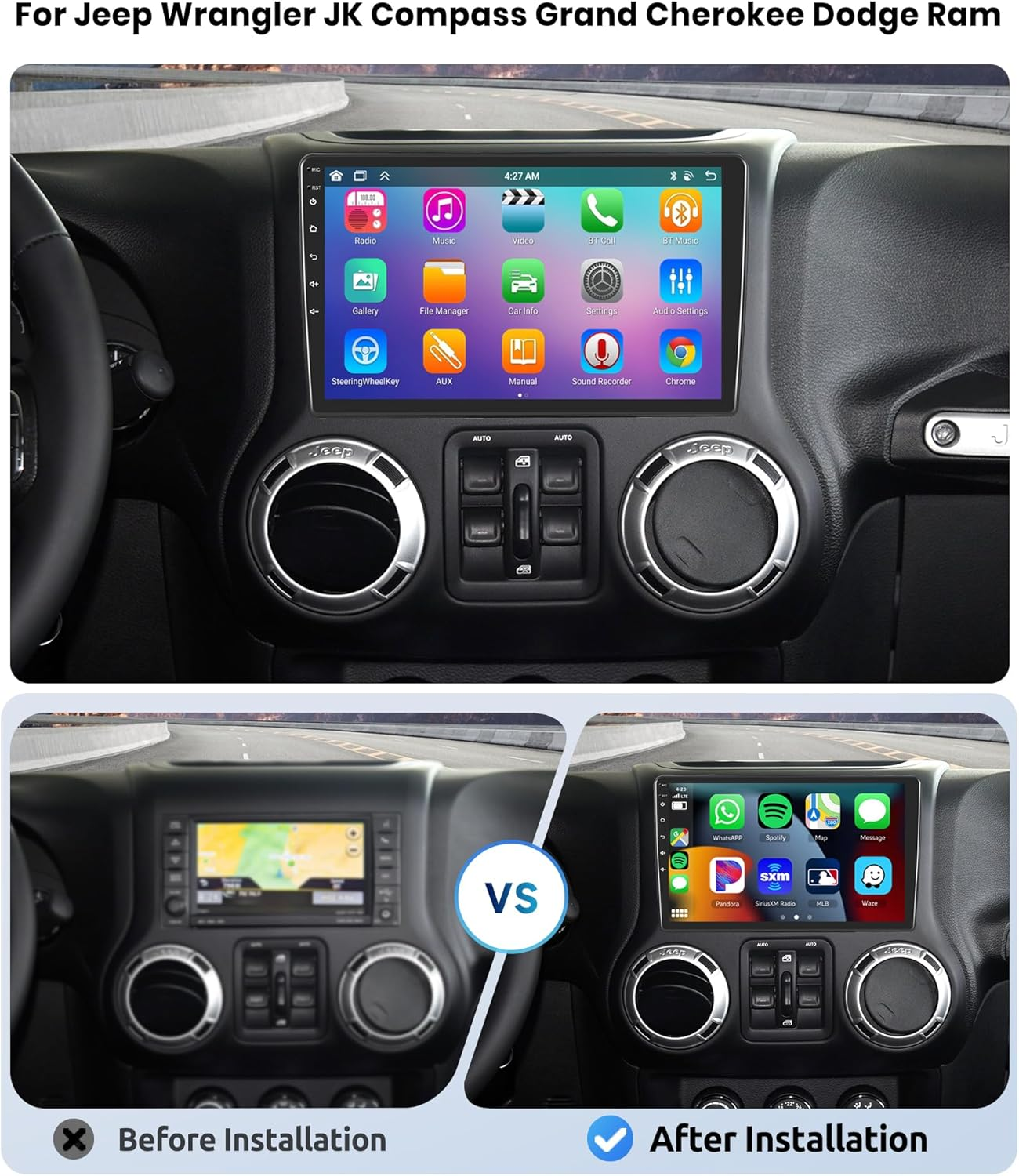 8 Core 4G+64G for Jeep Wrangler JK Compass Grand Cherokee Dodge Ram Radio, 10.1 Inch Touch Screen with Wireless Carplay/Android Auto/Gps/Backup Camera image number 4