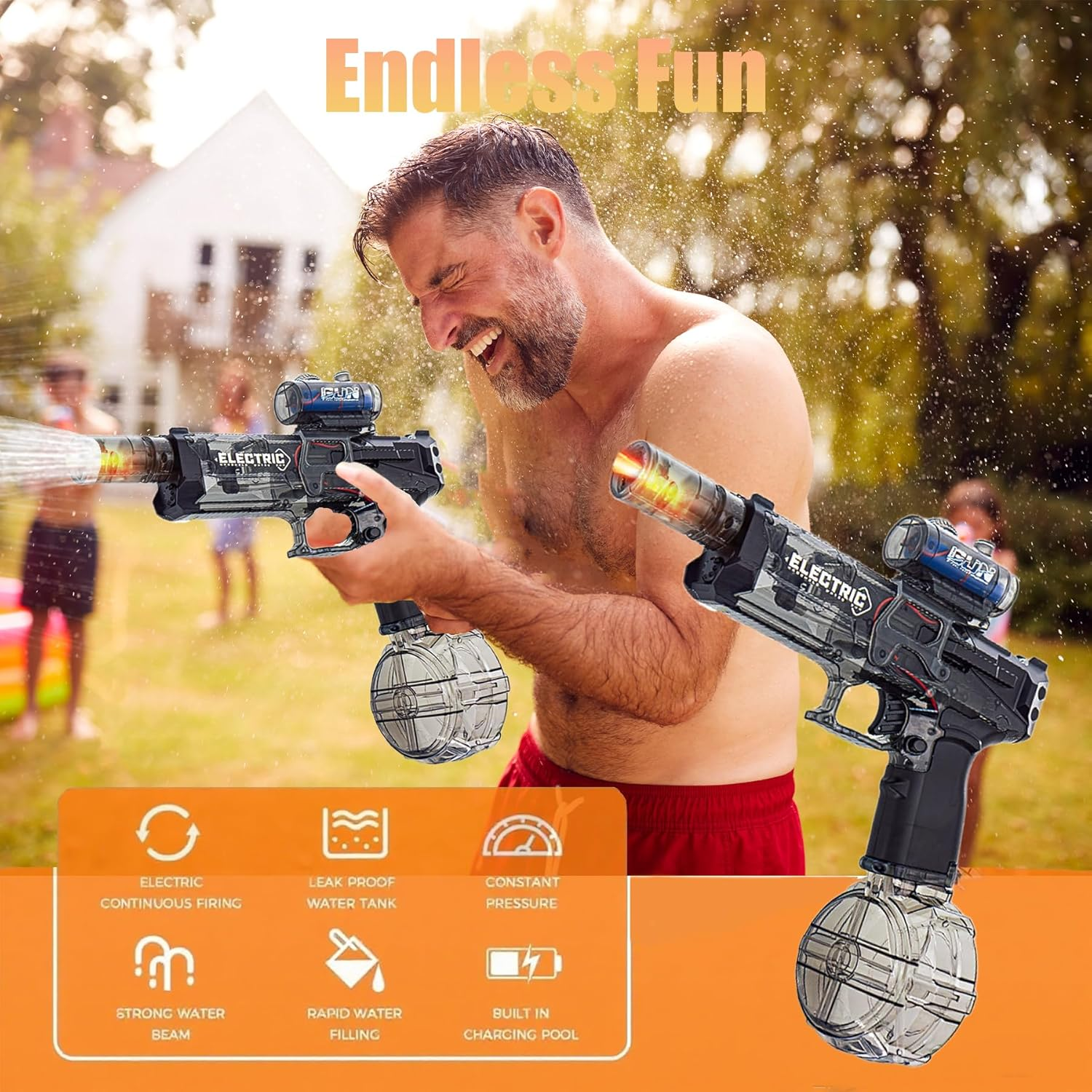 Wakouter Electric Water Gun for Adults Kids, Long Range Automatic Squirt Watergun, with Realistic Guns Muzzle Flame Rechargeable Automatic Watergun Swimming Toys for Summer Pool Beach Party (Black) - Red image number 3