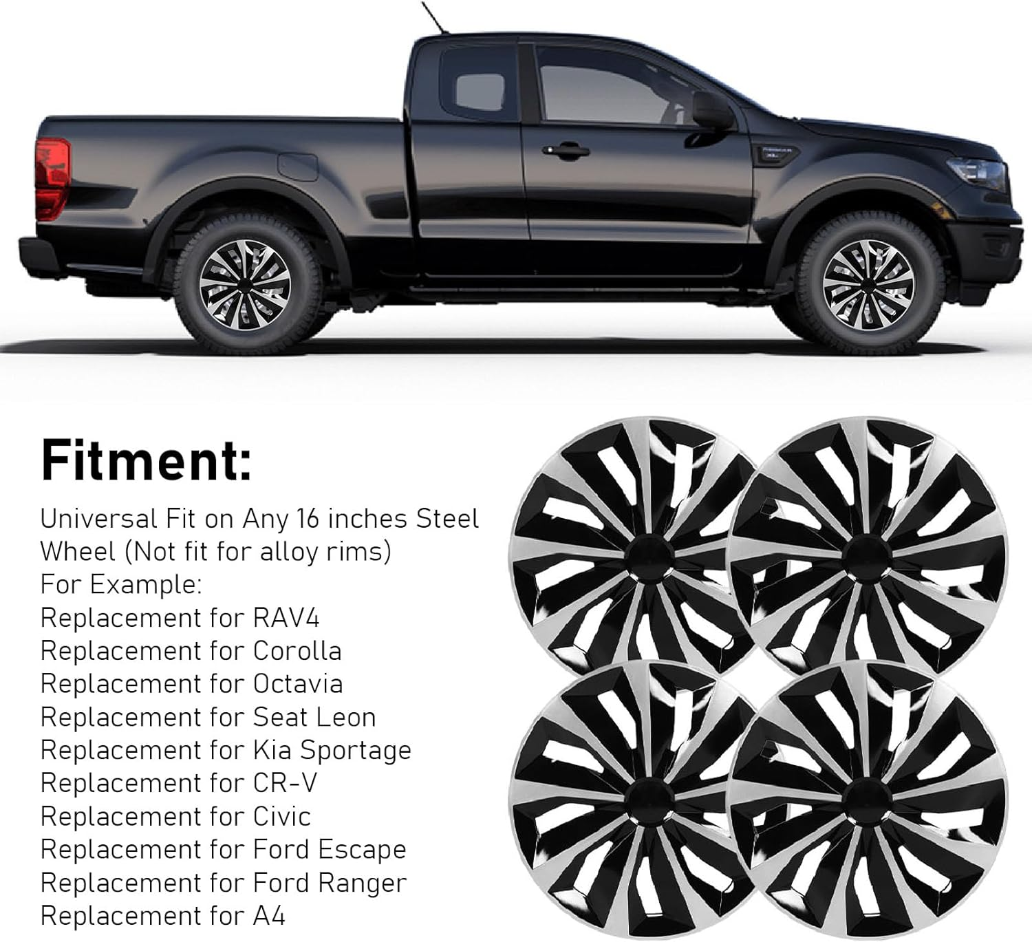 Xtevu 16In Premium Silver and Gunmetal Hubcaps Set of 4 Wheel Covers Snap - on Replacement for Camry Corolla Most Cars - Automotive Hubcaps