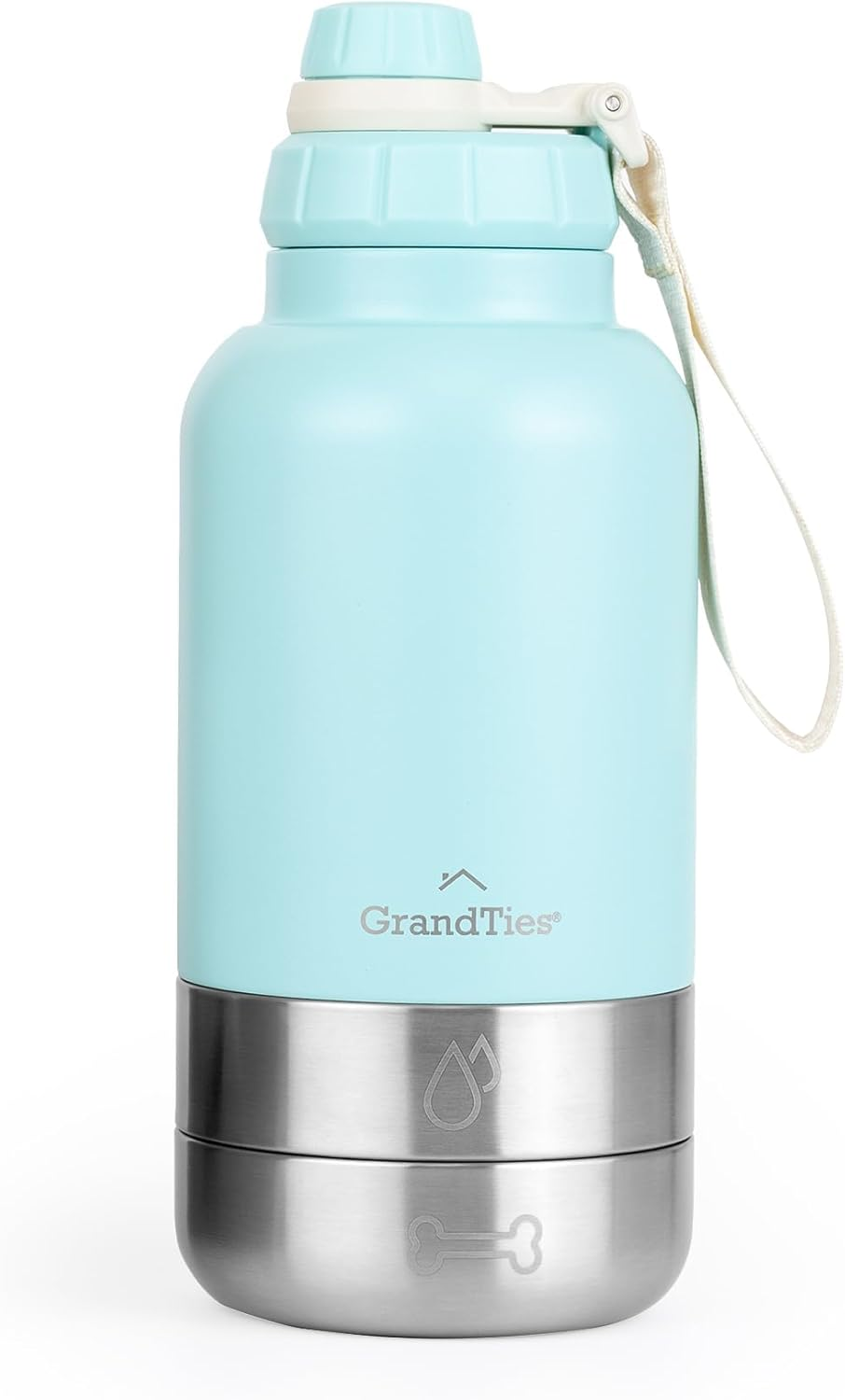 Grandties Insulated Portable Water Bottle with 2 Detachable Dog Bowls, Leak-Proof Pet Water Food Feeder Dispenser, Pet Travel Outdoor Accessory Stainless Steel Storage Container - Blue, 64Oz (1890Ml)