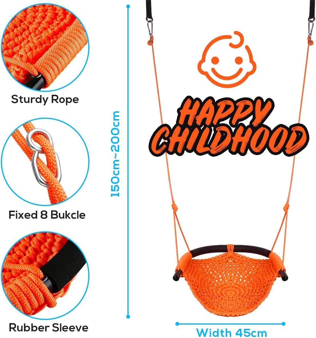 Kids Swing Seat, Hand-Knitting Toddler Swing, Swing Seat for Kids with Adjustable Ropes, Kids Tree Swing Porch Swing Rope Swing Seat, for Outdoor Indoor, Playground, Backyard (Orange) image number 4