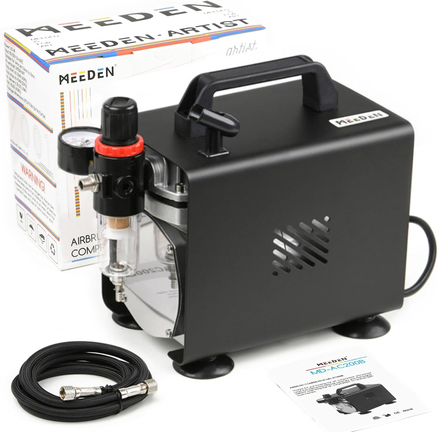 MEEDEN Airbrush Kit with Compressor and Paint - 1/5 HP Quite Air Compressor for Model Painting with 3 Dual-Action Airbrush Guns - 24 Colours X 30Ml Acrylic Spray Paint Set with Air Hose image number 4