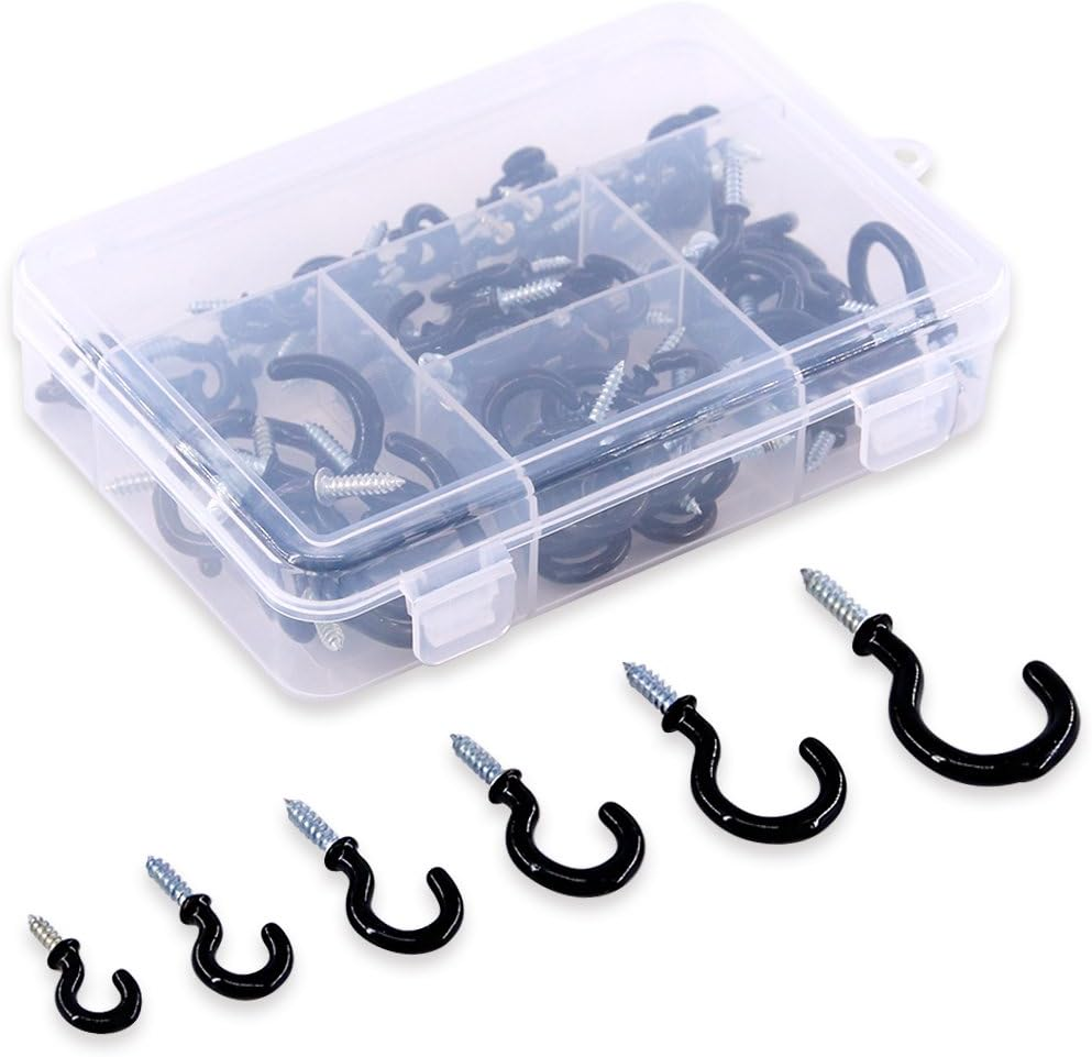 Swpeet 100Pcs Black 6 Sizes Cup Hook Kit, Vinyl Coated Ceiling Screw Mug Holder for Home, Office and Workplace - 1/2", 5/8", 3/4", 7/8", 1", 1-1/4" (Black)
