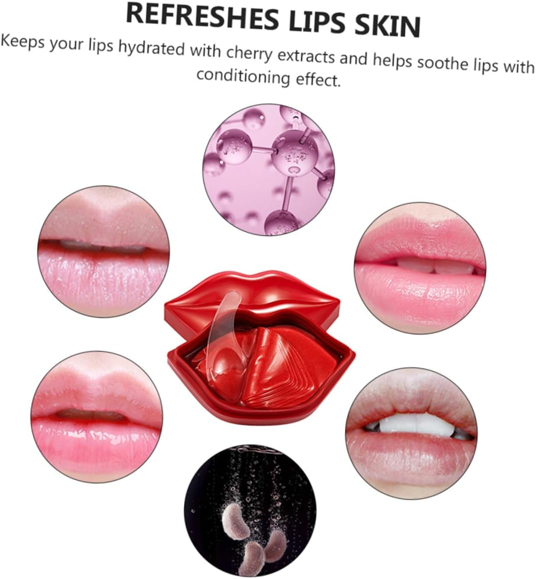 OKUMEYR 20Pcs Hydrating Lip Masks with Cherry Extracts Nourishing Gel Treatment for Dry Cracked Lips Soothing Night Care Pads for Soft Formula image number 1