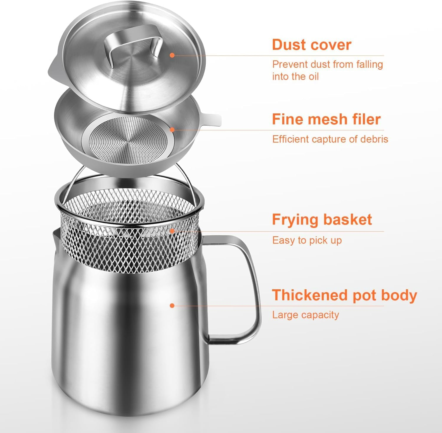 304 Stainless Steel Oil Filter Pot with Filter Basket and Mesh, 2.0L Large Capacity Versatile Oil Filter Vessel for Storing, Frying, and Cooking Grease