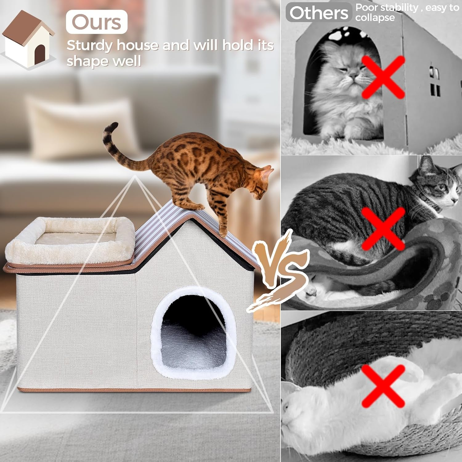 Cat House, Cat Nest with Soft Plush Mat, Removable Cushion, Roof and Windows, Indoor/Outdoor Cat House for Small Medium Cats, Gray image number 4