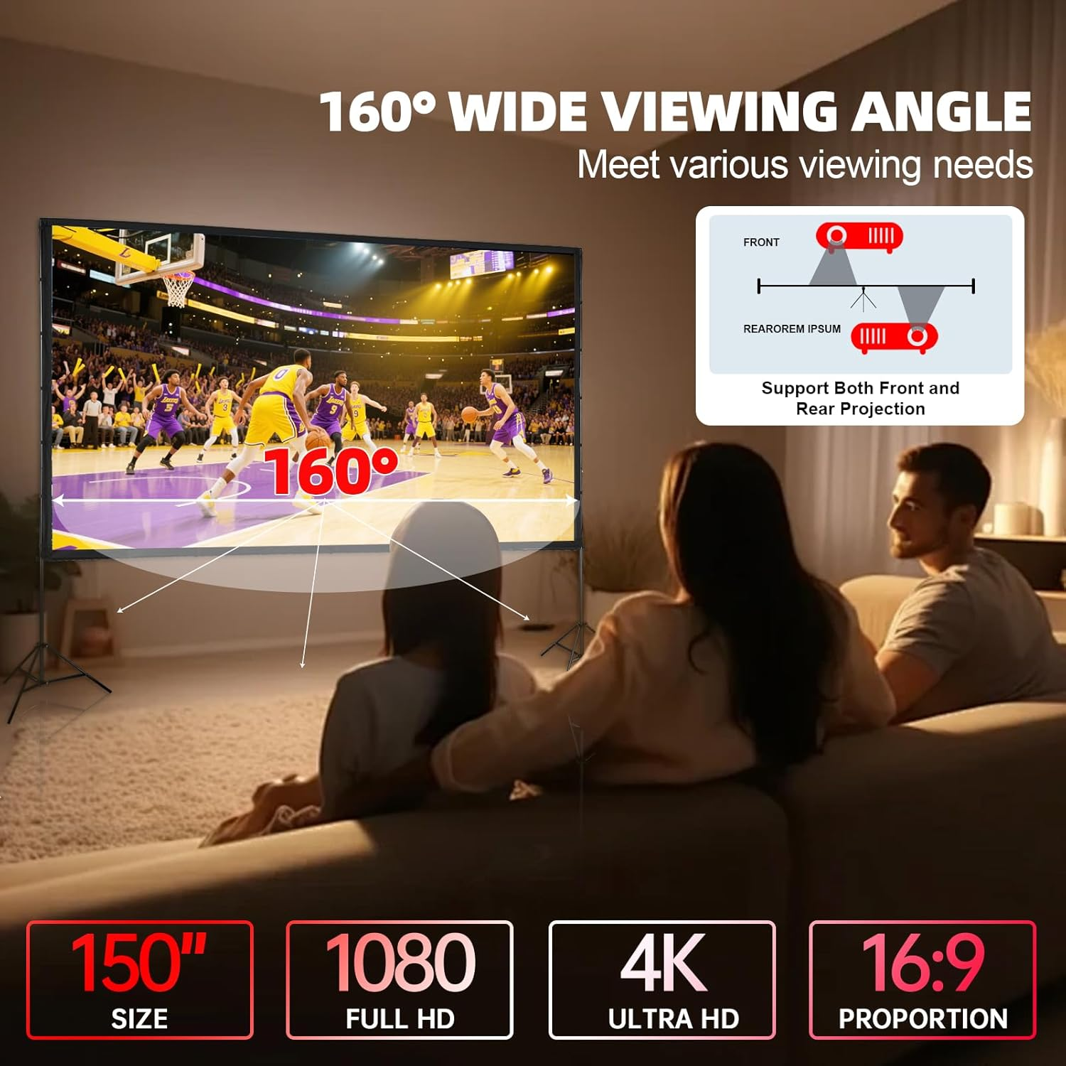 SOFHLILI Projector Screen with Stand,100 Inch 16:9 4K 1080 HD Outdoor Movie Screen with Stand,Wrinkle-Free Projection Screen with Tripods and Carry Bag,For Home Theater Cinema Backyard Movie Night