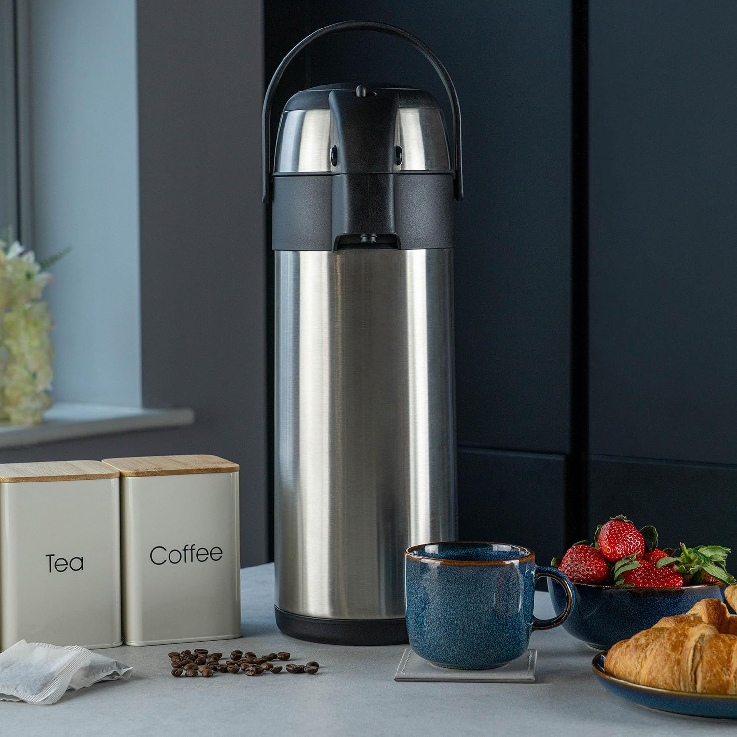 Pioneer Flasks SS50R Stainless Steel Airpot Hot Cold Water Tea Coffee Dispenser Conference Event Flask, Satin Finish, 5 L image number 1