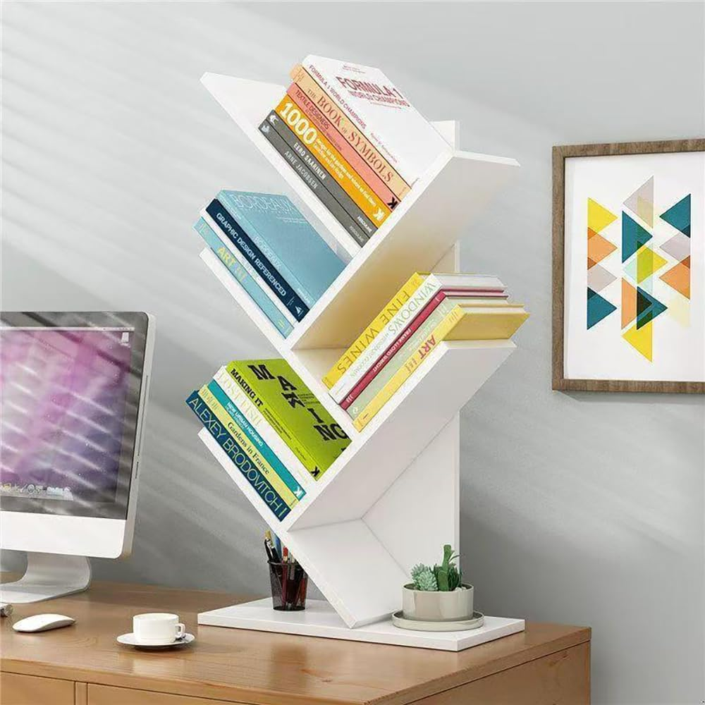 Hbluefat Tree Bookshelf, 5-Tier Wooden Desktop Small Bookshelf and Mini Bookcase for Office, Home or School Desk Book Shelf for Displaying Books, Cds, Magazines Wood Storage Rack (White) image number 5