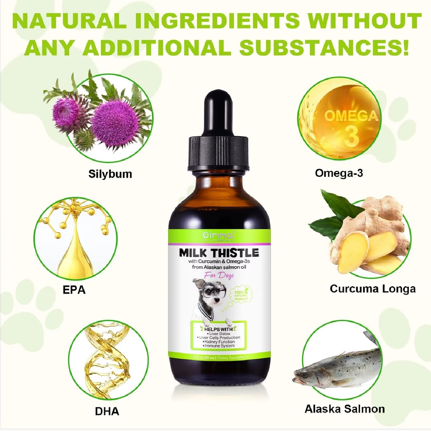 Milk Thistle for Dogs &ndash; Liver & Kidney Support Supplement with Curcumin, Salmon Oil, Omega-3 EPA & DHA &ndash; Organic Liquid Drops for Detox, Immune Health &ndash; 60Ml image number 3