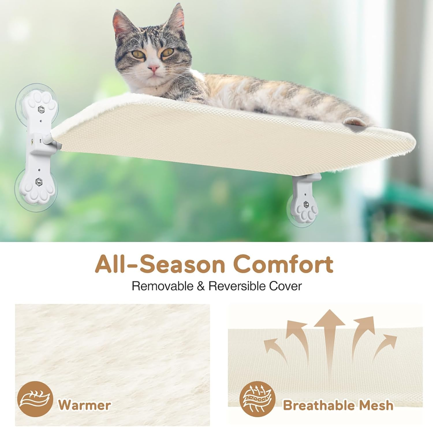APAILANT&reg; Cat Window Perch, Foldable Cat Hammock for Window 30 * 52 Cm, Cordless Window Bed for Cats inside with Reversible Cover Solid Metal Frame Sunbathing Viewing Platform Beige image number 6