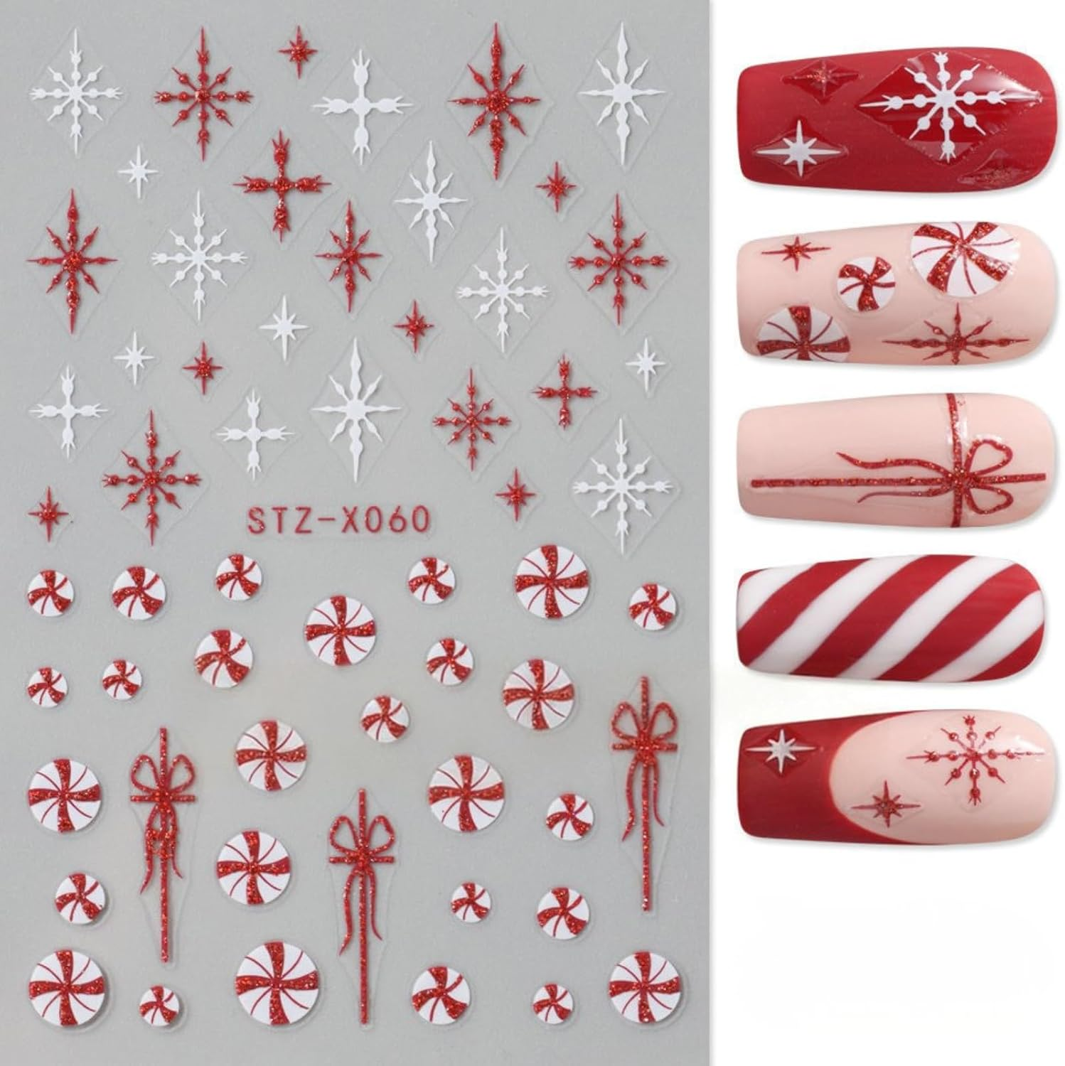 6 Sheets Christmas Design Nail Art Stickers 3D Self-Adhesive Designer Nail Decals Colorful Bow Reindeer Gingerbread Man Snowflake Nail Decoration DIY Manicure Tips for Women Girls (Merry Christmas) image number 2