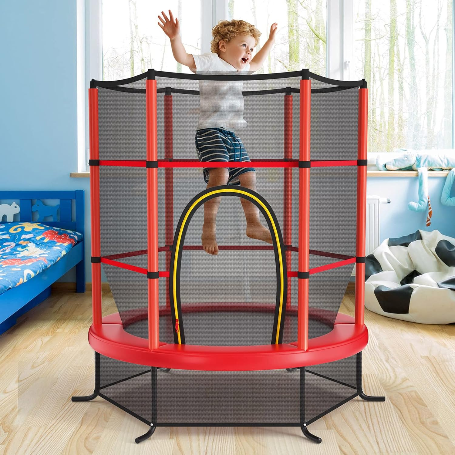 HONEY JOY 5.3FT Kids Trampoline, Toddler Trampoline W/Safe Enclosure Net, Accessories Bag, Jumping Pad, Indoor Outdoor Recreational Trampoline W/Heavy Duty Steel Frame, Max Load 45KG - Navy Blue image number 5