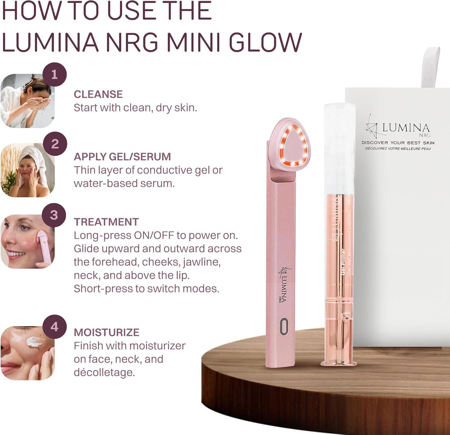 Lumina NRG Mini Glow Pro 5-In-1 LED Face Wand &ndash; Skin Lifting, Toning & Firming Facial Massager with EMS, Microcurrent, Red & Blue Light &ndash; at Home Neck Contouring Beauty Device & Sculpting Tool image number 5