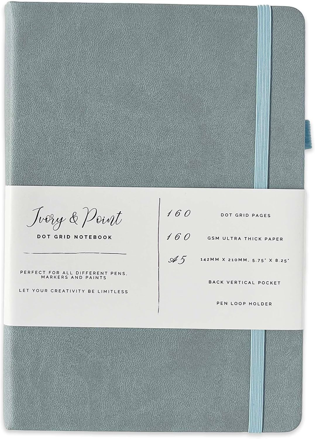 Ivory & Point - Improved Premium Quality Bullet Dotted Journal Notebook - 160 Pages, 160Gsm Bleed & Ghost Proof Thick White Paper - A5 Minimalist Art Dot Grid Notebook (Dusty Blue)