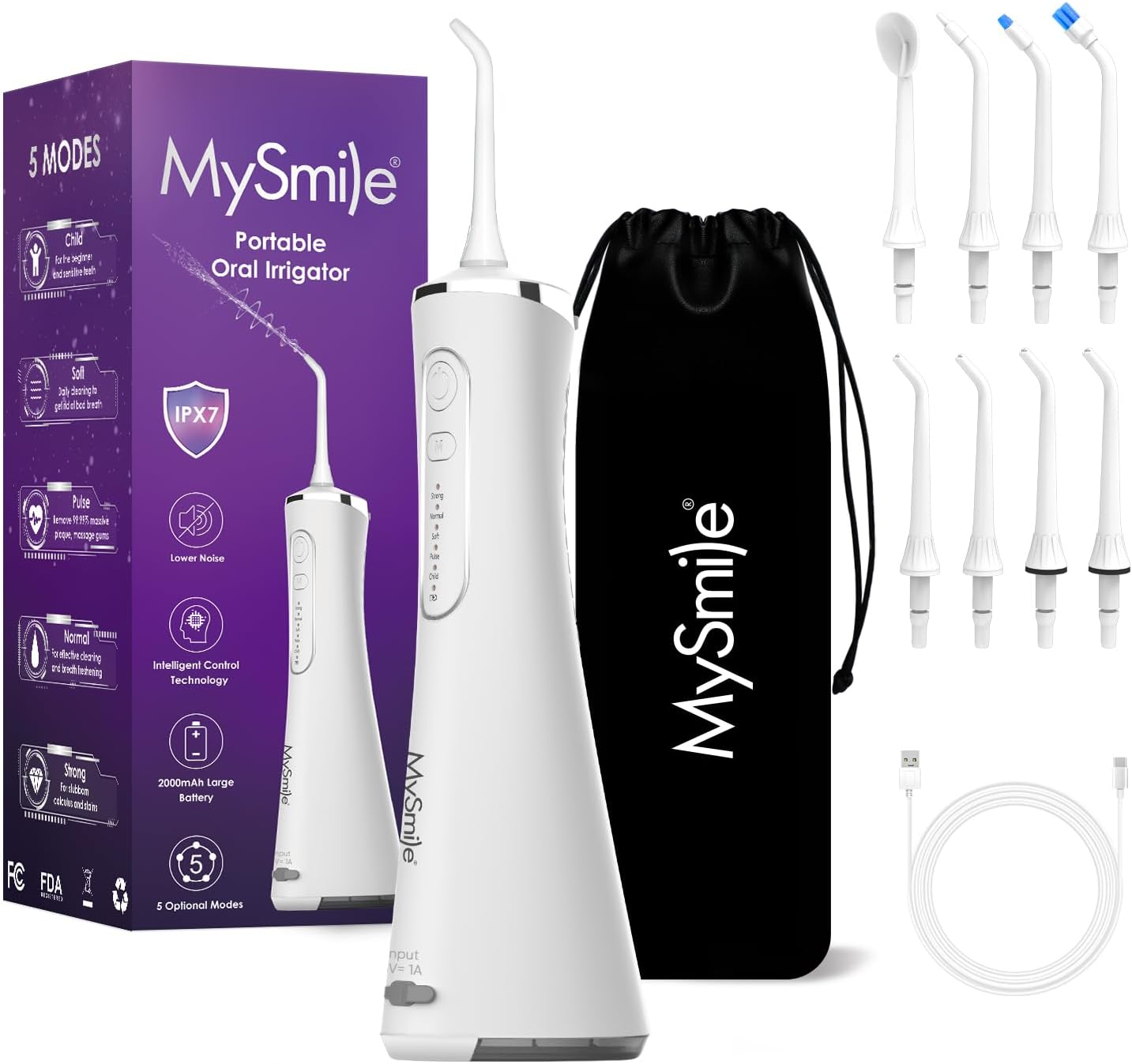 Mysmile LP211 Cordless Advanced Water Flosser for Teeth, 5 Cleaning Modes Rechargeable Power Dental Flosser 8 Replacement Jet Tips IPX 7 Waterproof Dental Irrigador with Portable Travel Storage Pouch (Black)