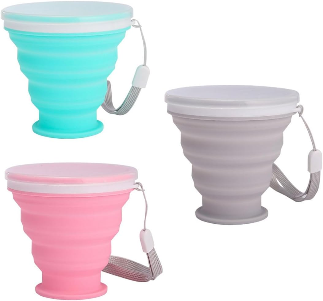 Pack of 3 Foldable Silicone Cups with Lid Outdoor Camping Folding Cup Reusable Foldable Cup for Outdoor Camping Picnic Hiking Travel image number 4