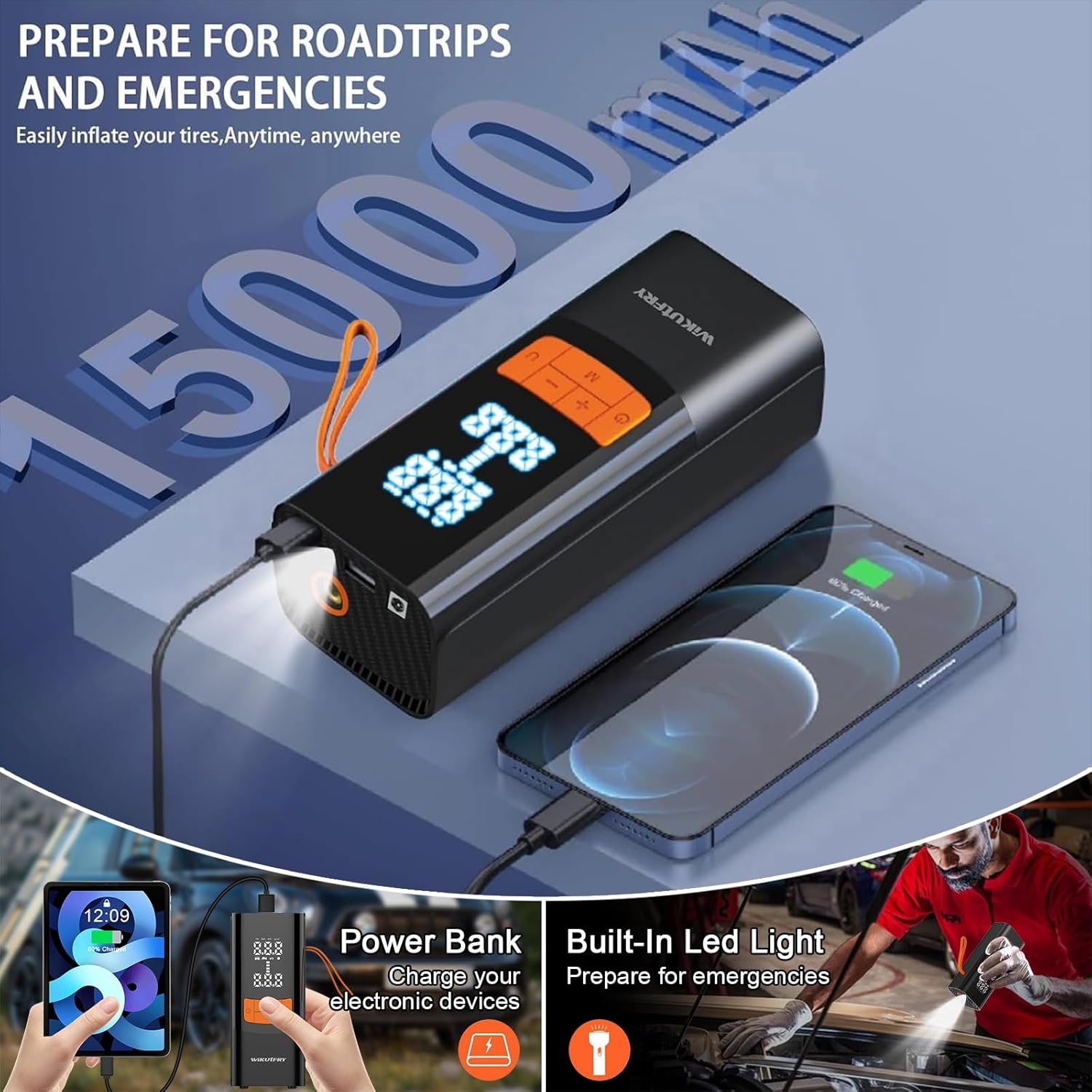 Tire Inflator Portable Air Compressor, 15000Mah and 150PSI Car Tire Pump with Pressure Display for Cars, Motorcycles, Bicycles, Ball Bikes with Tire Pressure Gauge, Dual-Use Type image number 1