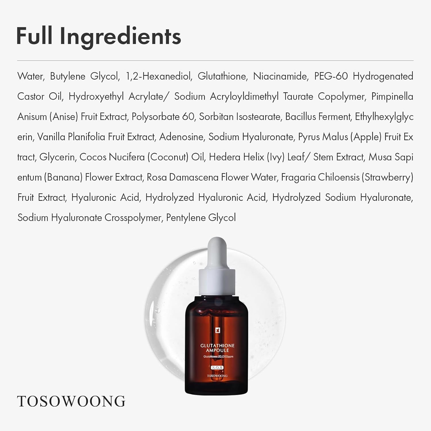 TOSOWOONG Glutathione Serum with 20,000Ppm Glutathione, Niacinamide and Hyaluronic Acid, Dark Spot, Improve Skin Elasticity, Revitalize Complexion, Korean Skincare, 30Ml, 1.01 Fl. Oz.