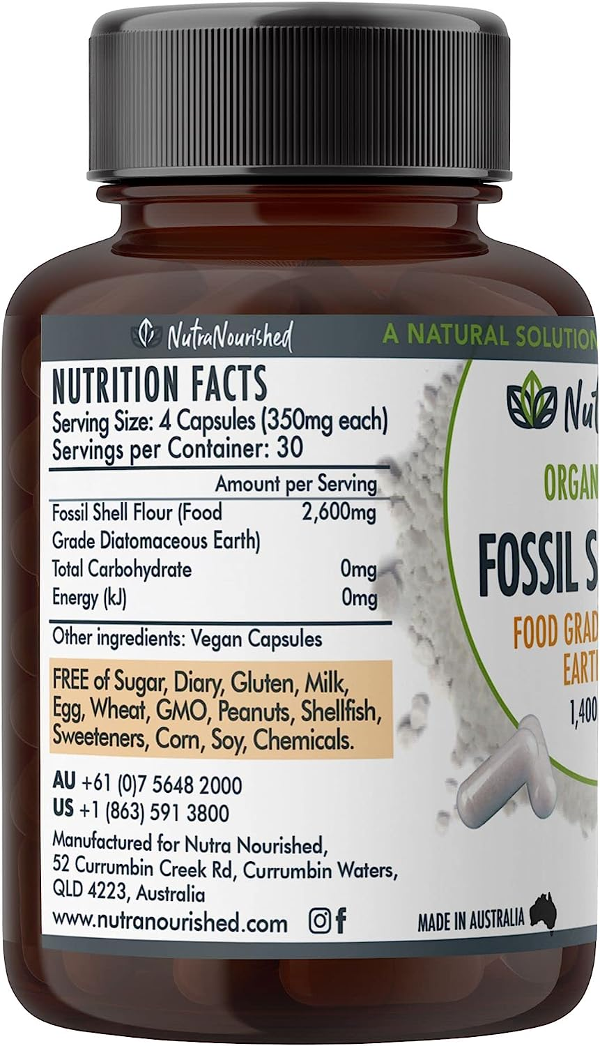 Fossil Shell Flour Capsules (120 Pills) - Vegan 1,400 Mg Food Grade Diatomaceous Earth Supplement for Digestive Health, Detoxification, and Silica-Rich Nutrition
