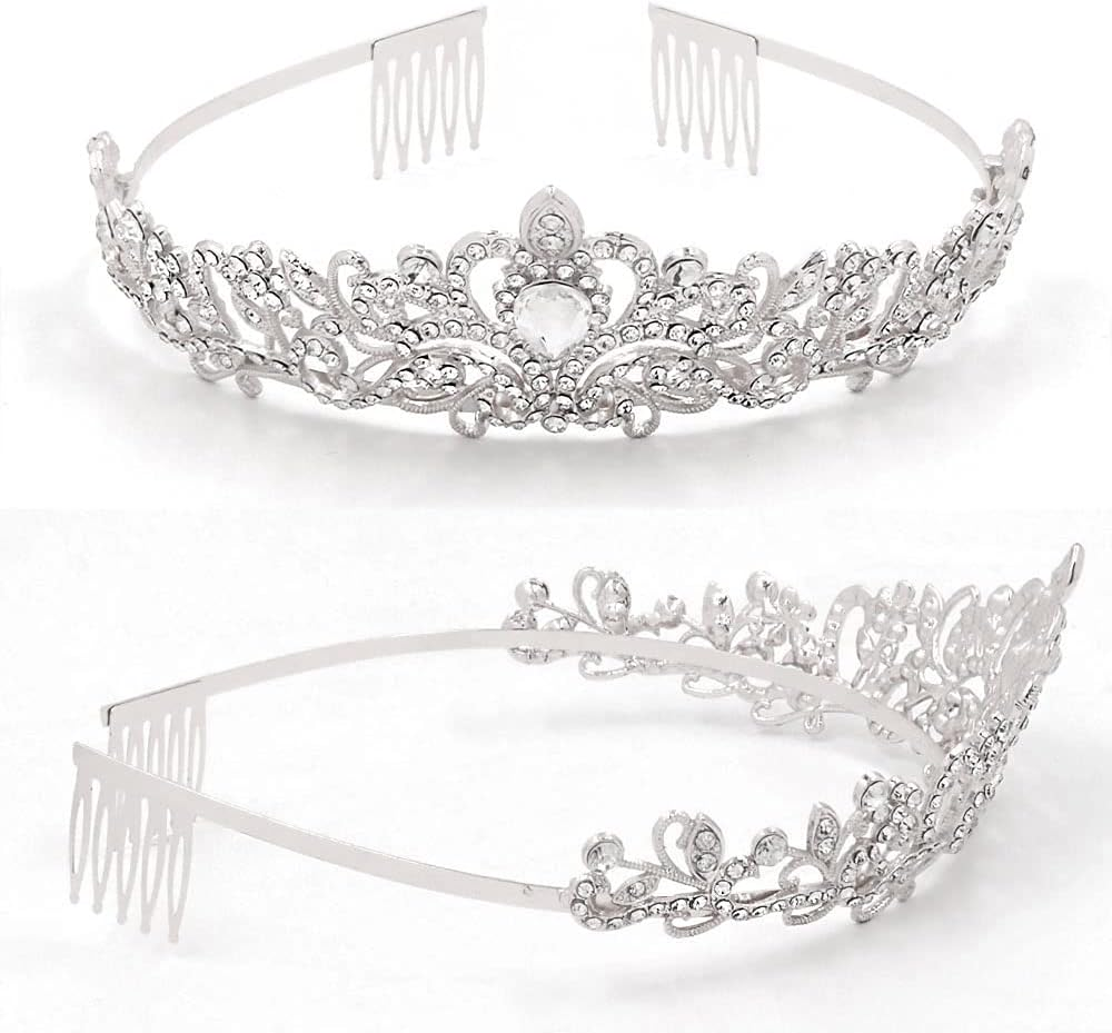 "Birthday Princess"Sash and Rhinestone Crown Set - Glitter Silver Fabric with Black Foil Letters Birthday Sash for Girl + Rhinestone Crown Set Birthday Party Gifts Birthday Party Supplies