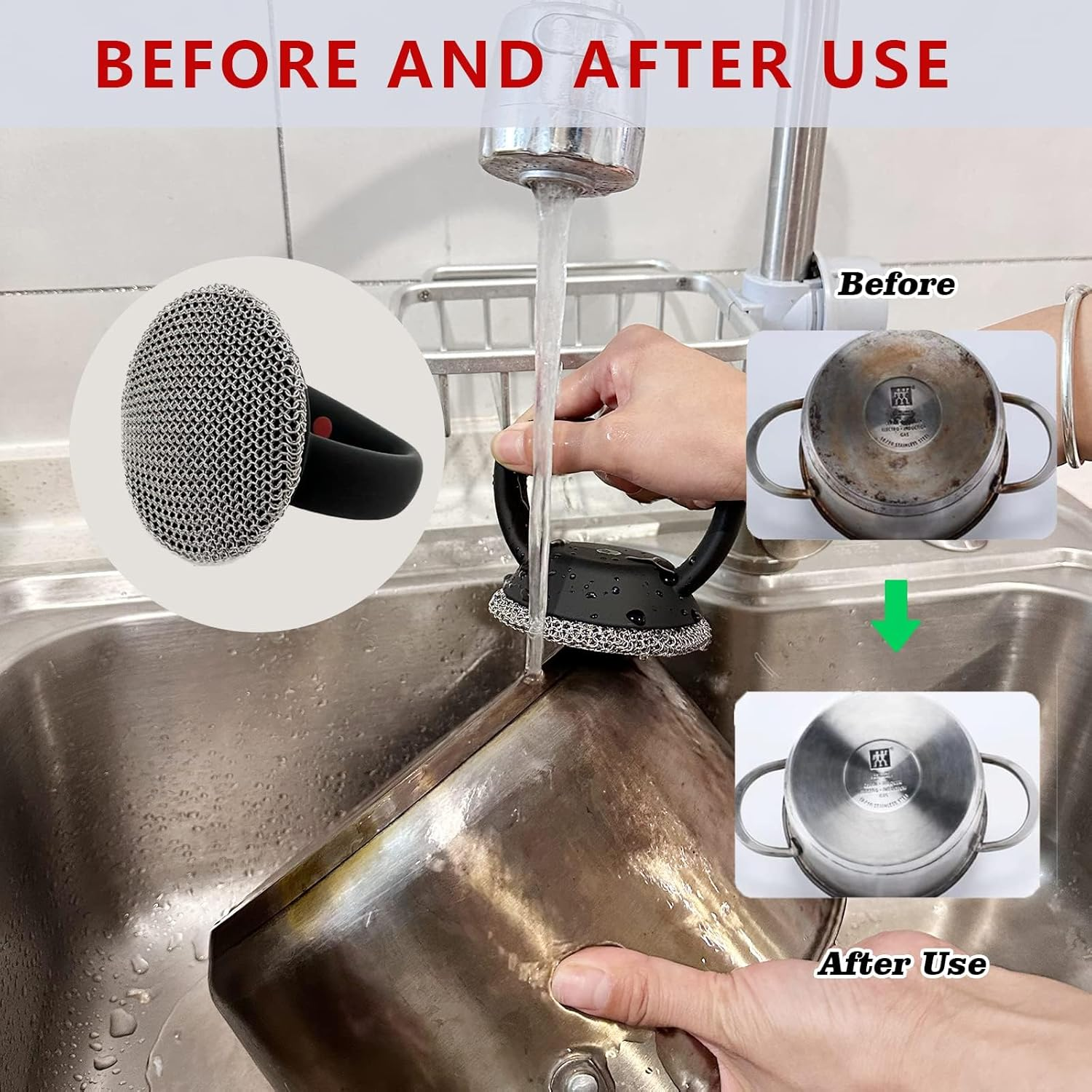 MEIXINZHI Cast Iron Scrubber and Skillet Cleaner with 2 Pan Grill Scrapers - Chain Mail for Cleaning Cast Iron (Black with Mat) image number 6