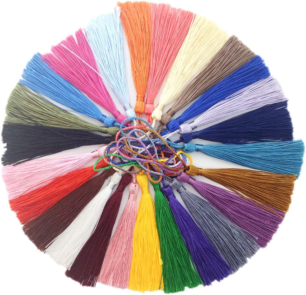 VAPKER 100 Pieces 13Cm/5-Inch Silky Handmade Soft Tassels Floss Bookmark Tassels with 2-Inch Cord Loop for Jewelry Making, DIY Projects, Bookmarks(25 Colors) image number 1