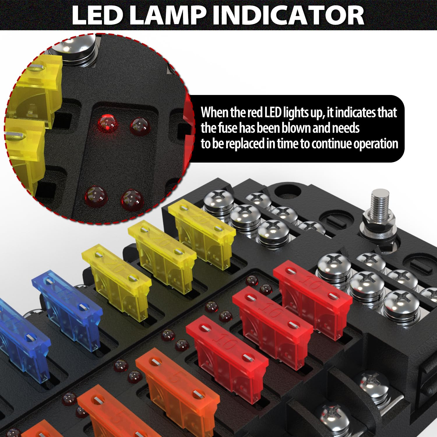 1PZ KC4-PK4 12 Circuit Waterproof Fuse Box with LED Light & Built-In Wire Cutter Universal Dual Pole Car Truck Boat Marine Fuse Block Panel image number 4