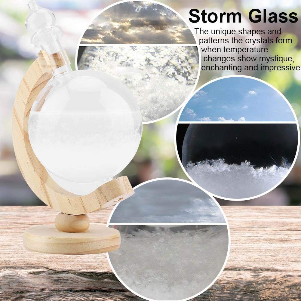 Weather Station - Storm Glass Weather Forecast - Creative Globe-Shaped - Storm Glass Bottle - Small Desktop Weather Predictor - with Wooden Base - for Home and Office