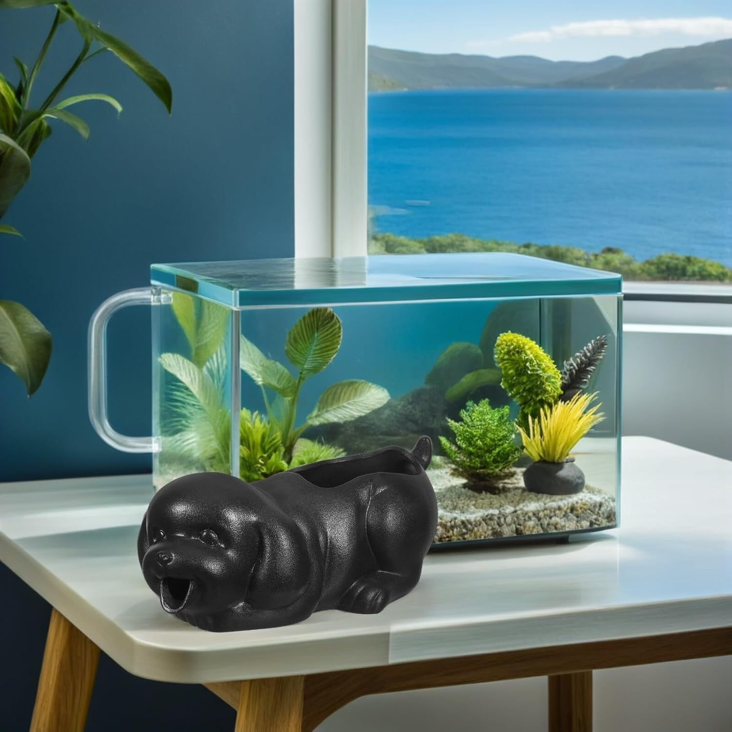 DECHOUS Ceramic Dog Fountain Spitter with Ecological Filtration Decorative Waterfall Jar for Fish Tank and Garden Interactive Puppy Statue Planter for Outdoor Water Features and Aquarium - Black image number 5