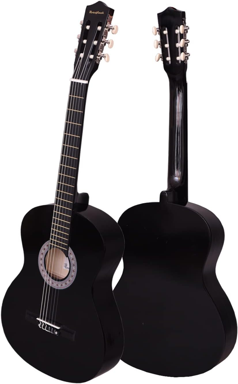30 Inch Classical Guitar Kits for Beginner Kids & Adults Rosefinch 6-String Acoustic Guitar with Bag Capo Strap Picks Tuner Nylon String (Black) - Black image number 3