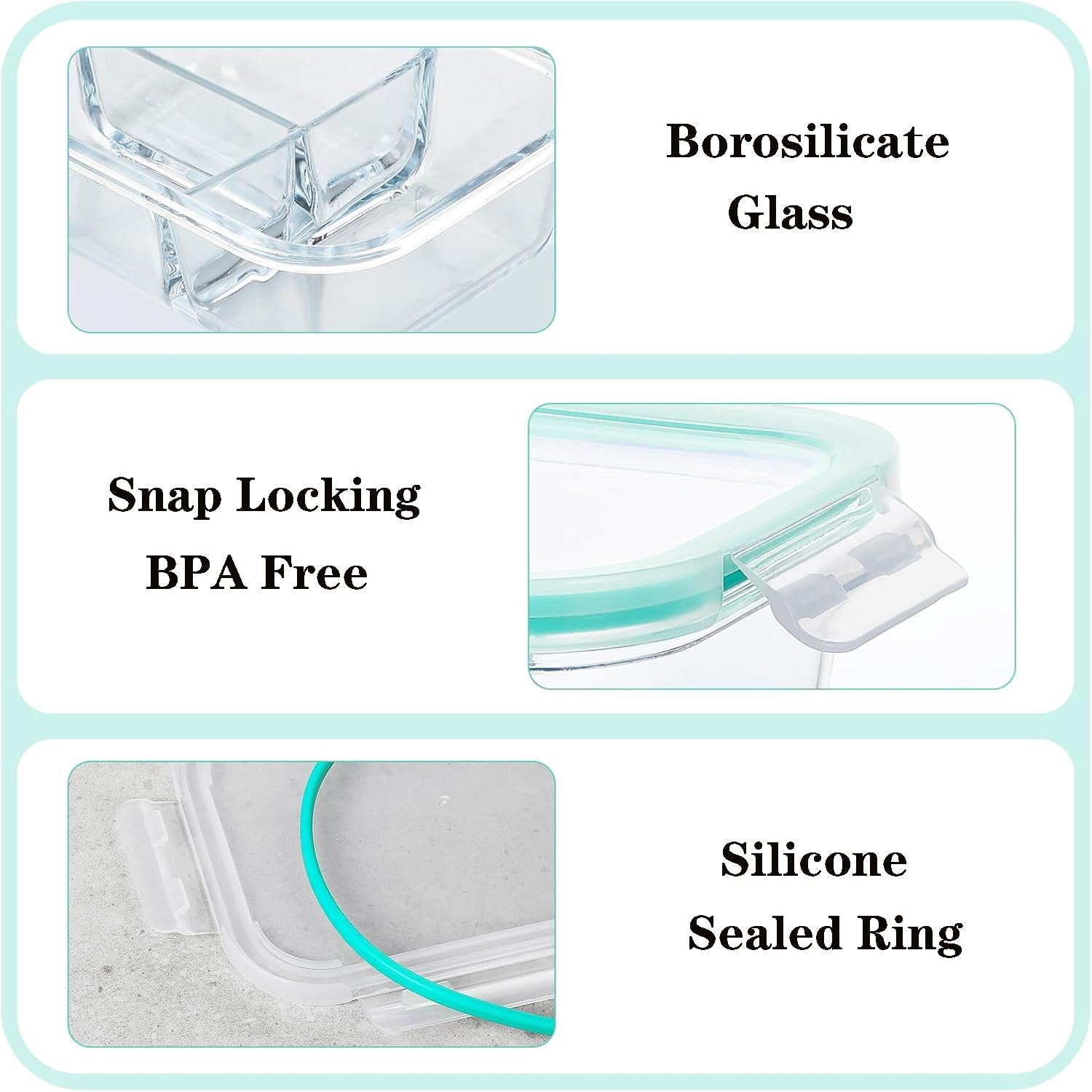 Glass Food Storage Containers, 8 Pack Airtight Glass Containers with Plastic Lids (1040Ml/35Oz), Lunch Box for Kitchen Storage & Organisation(1 Compartments*3, 2 Compartments*3, 3 Compartments*2) image number 3