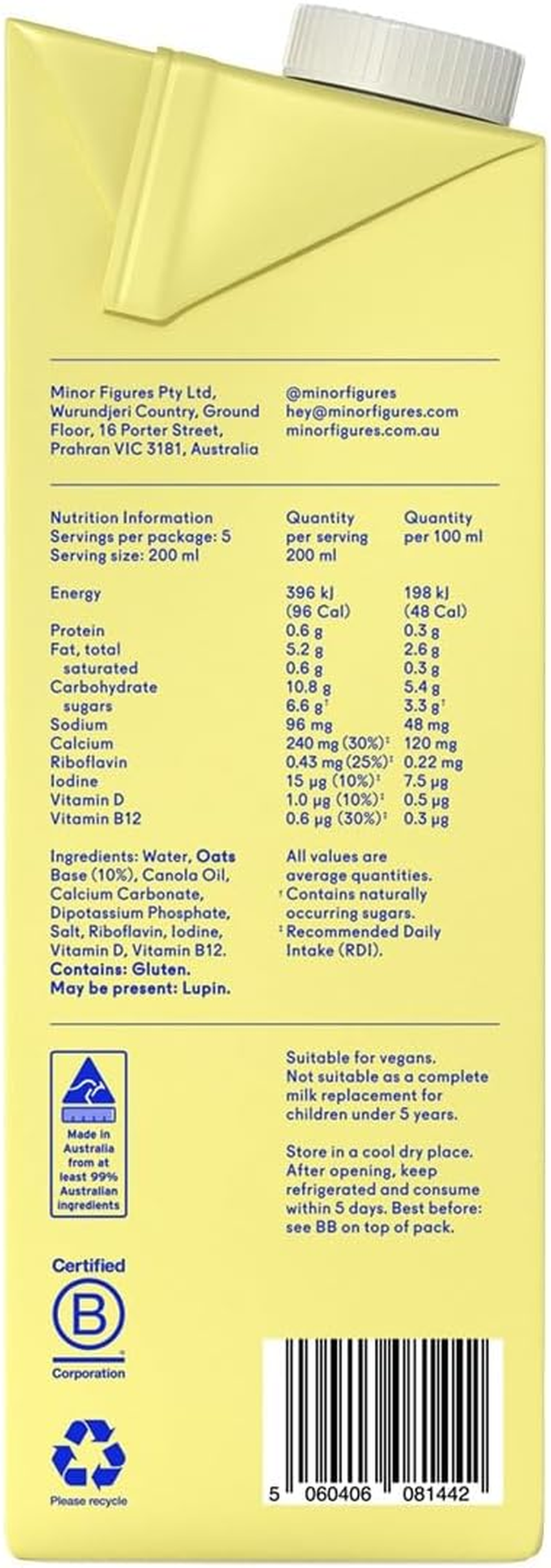 Minor Figures Everyday Oat &ndash; Oat Milk Fortified with Vitamins & Minerals &ndash; No Added Sugar &ndash; Made in Australia &ndash; Plant-Based &ndash; Vegan &ndash; Long Life(6X1L)