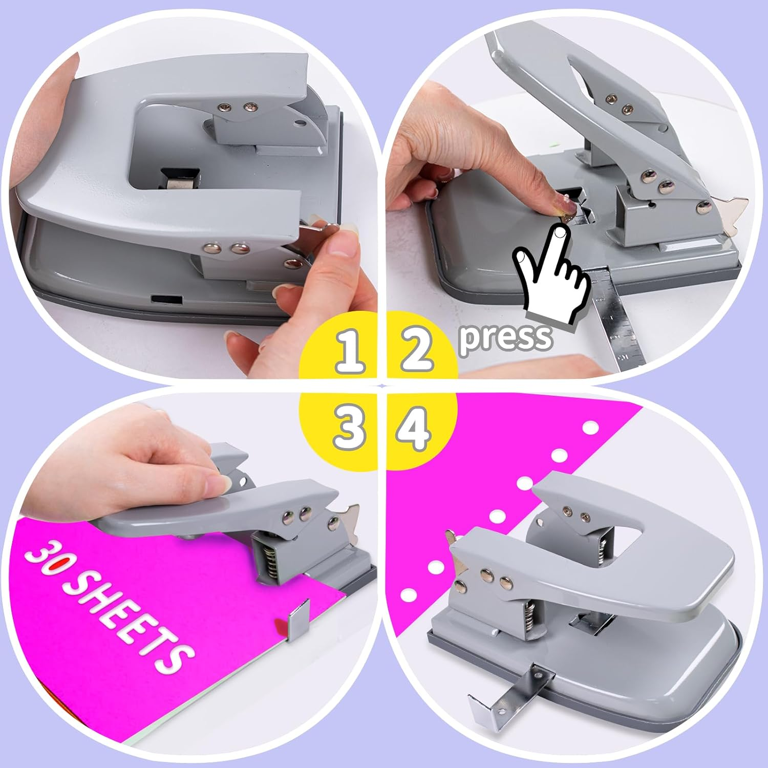 Hole Punches, 2 Hole Punch, Adjustable Two Hole Punch, Heavy Duty 2-Hole Punches, 30 Sheet Capacity Holepuncher, Metal Paper Puncher, Locking Handle image number 4