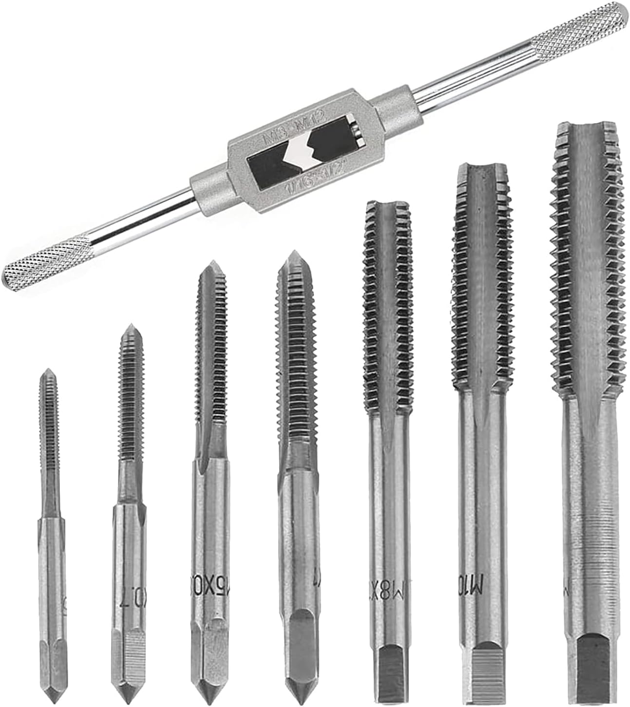 KEWAYO 8Pcs Metric Thread Tap Set, Tap Machine Hand Screw Thread Taps Set with M3-M12 Taps and Adjustable Wrench 1/16"-1/2", for Woodworking and Machinery Repair