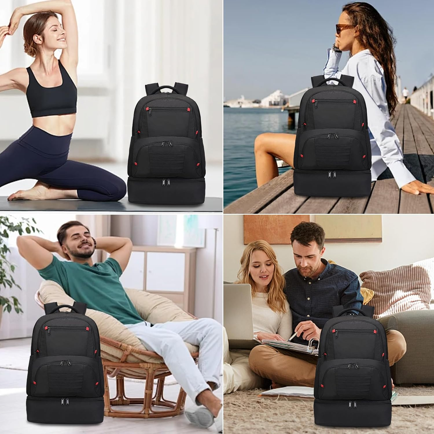 Seyfocnia Gym Backpack for Women Men, Lightweight Sports Bag Back Pack with Shoe Compartment Workout Rucksack Travel Daypack - Dark Black image number 4