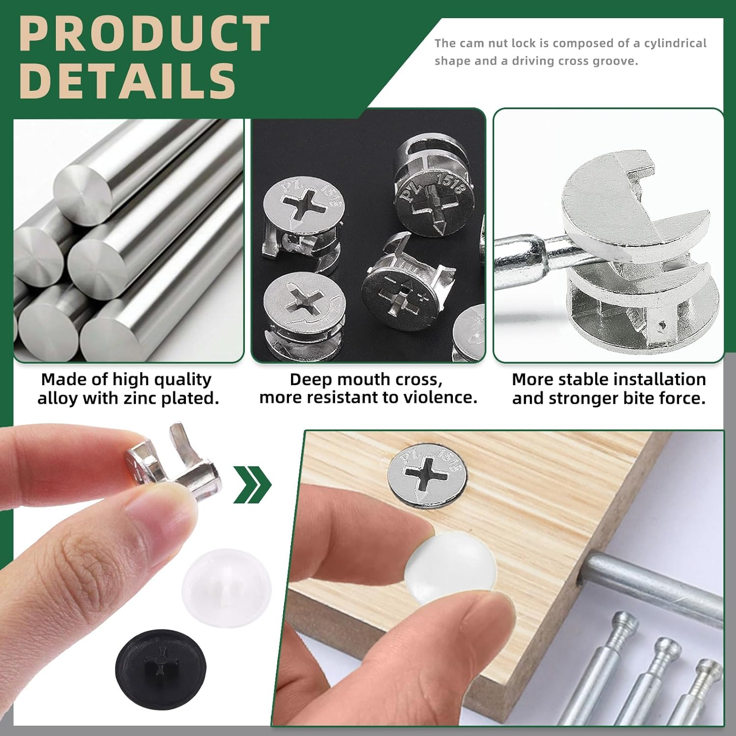Keadic 120Pcs Furniture Connecting Cam Lock Fittings Assortment Kit with Plastic Screw Cover Caps, Joint Connector Nut Cabinet Connectors Hardware Bolts for Wardrobe Drawer Closets Bed image number 1
