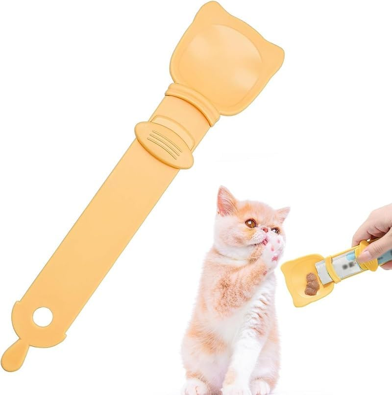 Cat Treat Spoon - Pet Puree Bisque Bar Dispenser Kitten Wet Food Squeeze Feeder Cat Strip Lickable Multi Functional Scoop for Liquid Tube Snack Storage Feeding Supplies (Orange, One Size)