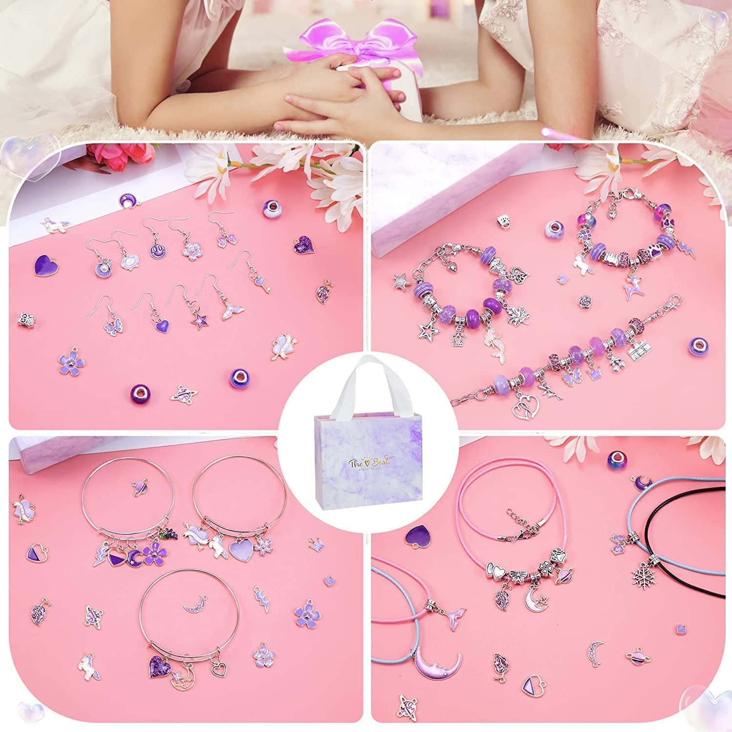 162 Pcs Charm Bracelets Kit, Necomi Jewellery Making Kit with Beads, Purple Fantasy Charm Style, Bracelet Making Kit for DIY Craft and Teen Girls Jewelry for Kids Friendship Age 6-12 image number 2