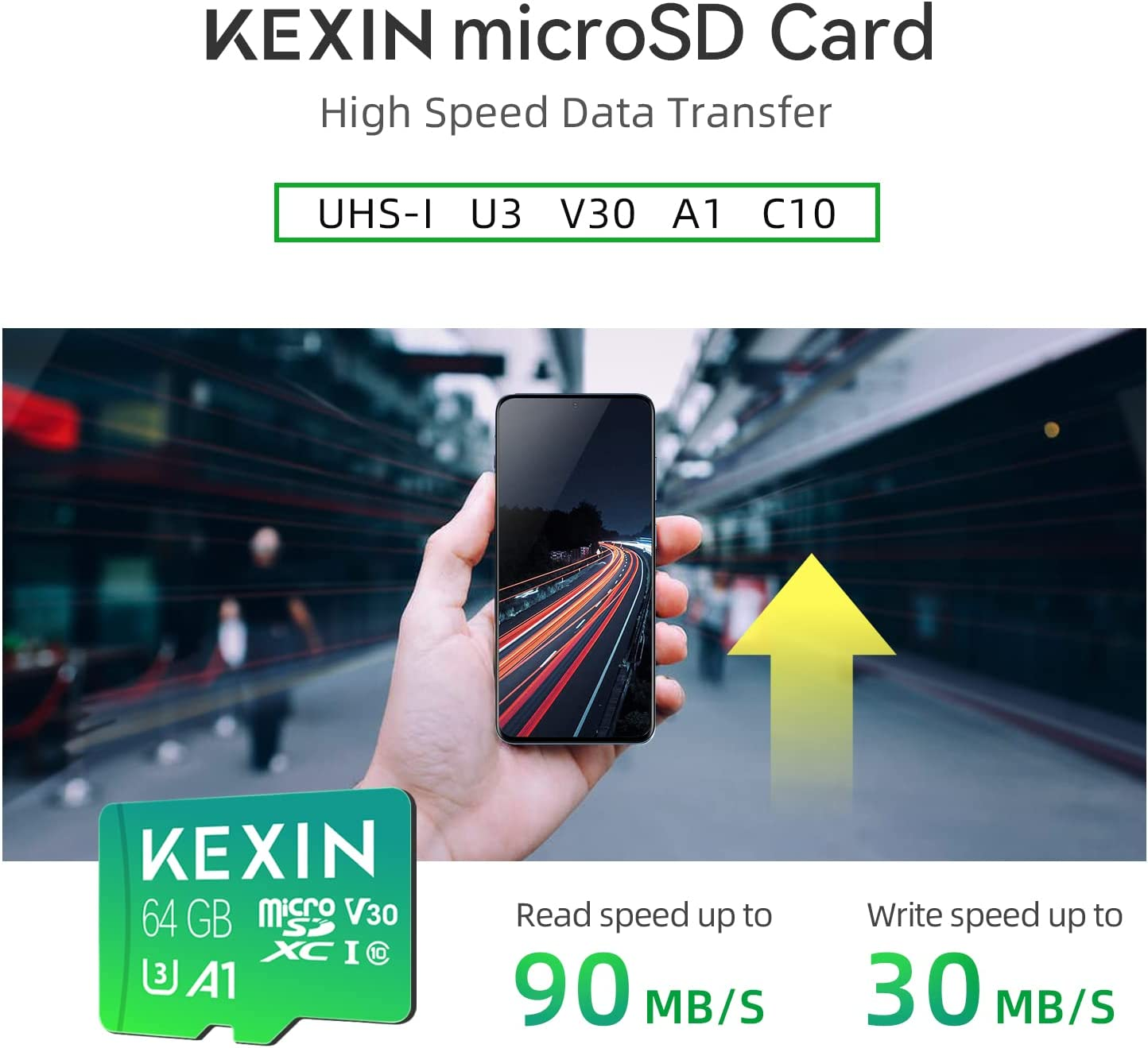 KEXIN Micro SD Card 64GB + SD Adapter Micro SDXC Memory Card Micro SD Card C10, U3, A1, V30 SD Card Memory Card TF Card for Switch, Tablet, Camera, Drone, Mobile Phone, Home Monitor Green Pack of 3 image number 1