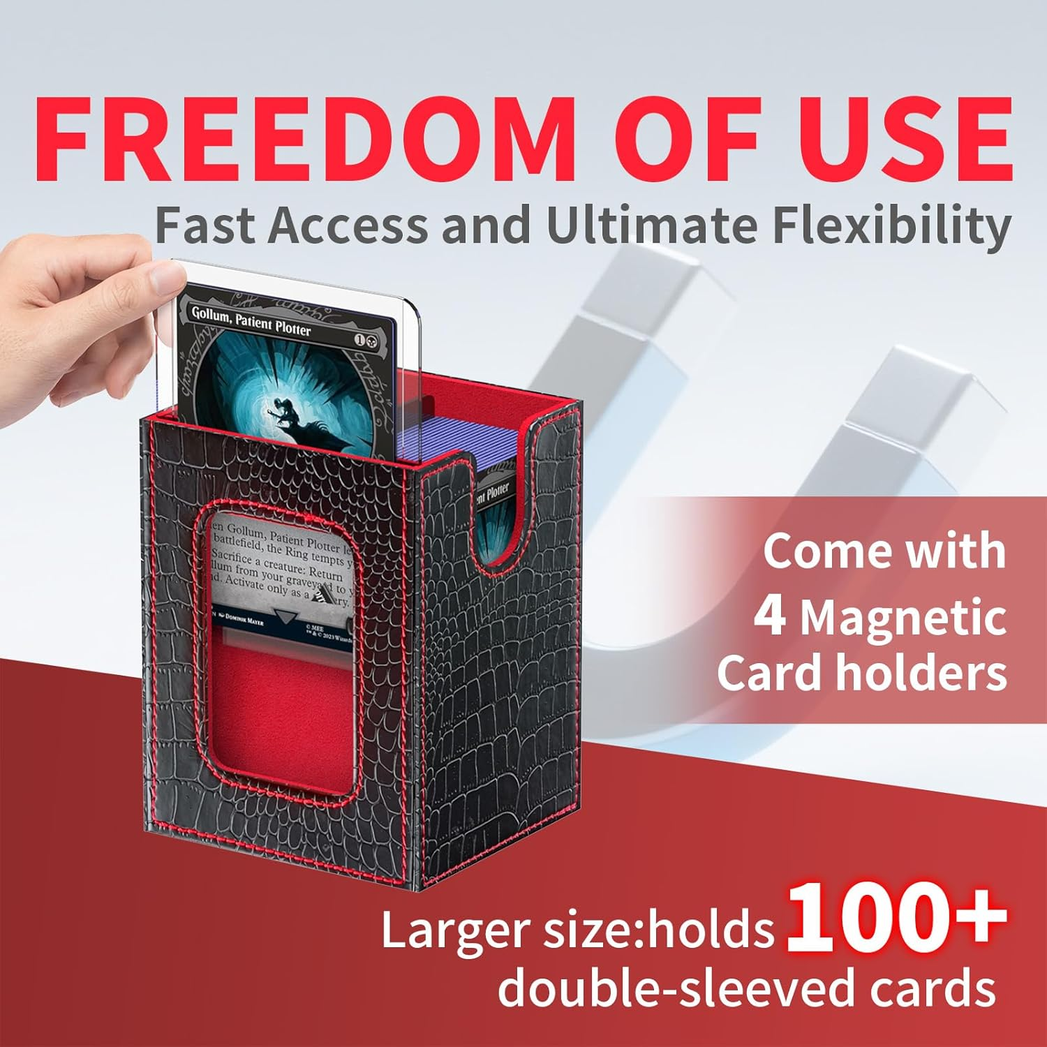 Cyperever Leather Trading Card Storage Box for MTG, Card Storage Box with Commander Deck Display, MTG Deck Box, TCG Sports Case, 4 Toploaders, 4 Stoppers, 10 Colorful Dividers (Black & Red) image number 6