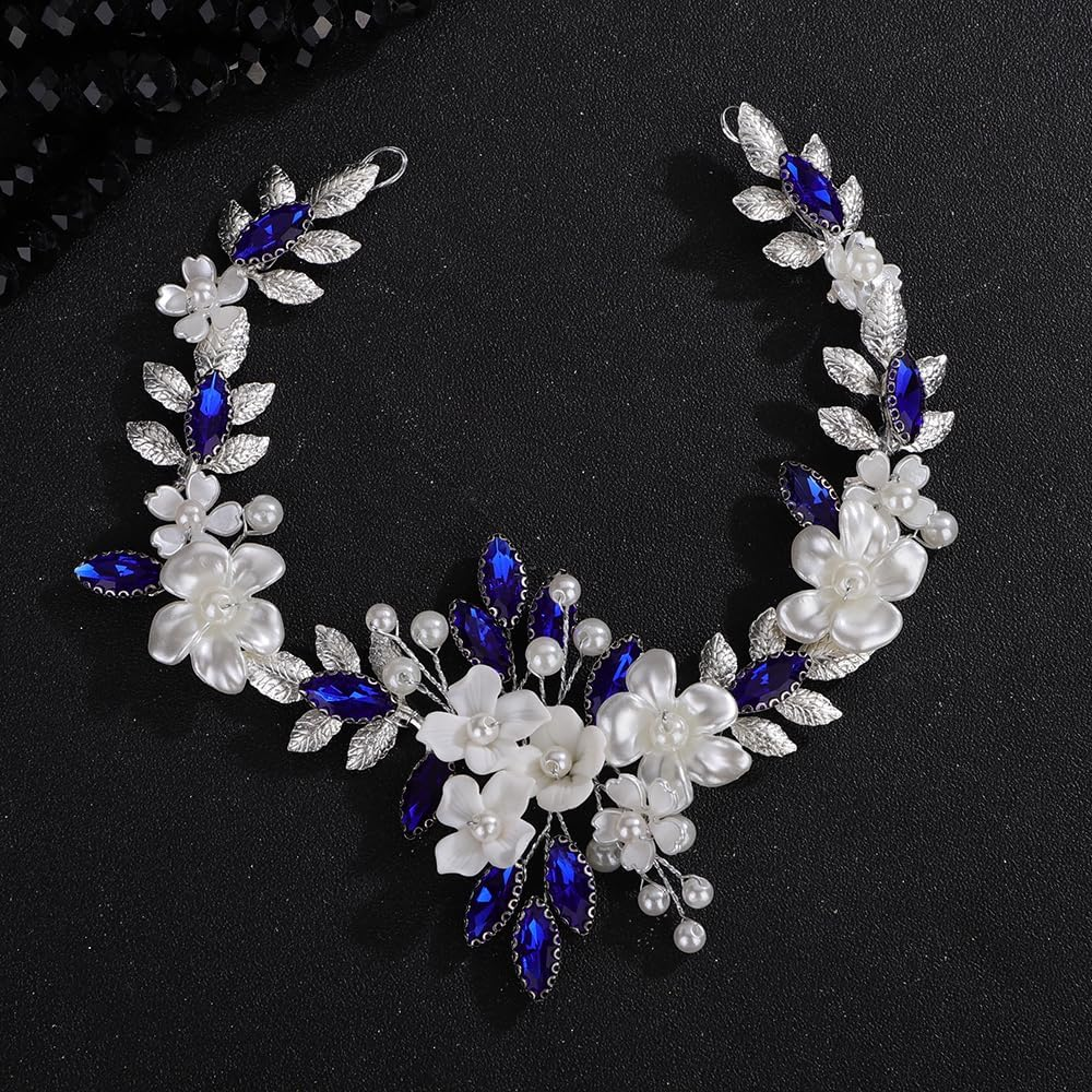 Teyglen Silver Leaf Flower Hair Vine Floral Flower Headpiece Blue Crystal Bride Wedding Headband Bridal Hair Accessories for Women Silver Rhinestone Pearl Hair Piece (Blue) - Peacock Blue image number 3