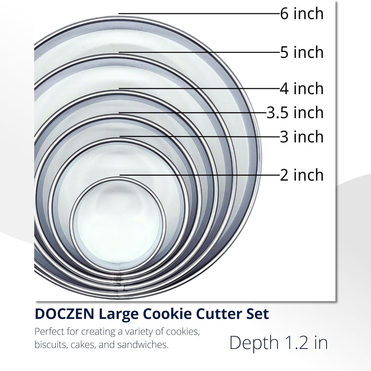 6 PCS round Cookie Cutter Set (2, 3, 3.5, 4, 5, 6 Inch) DOCZEN Large Stainless Steel Circle Cutters Donut Cutter for Baking, Biscuits, Cakes, Sandwiches - Durable & Easy to Clean image number 3