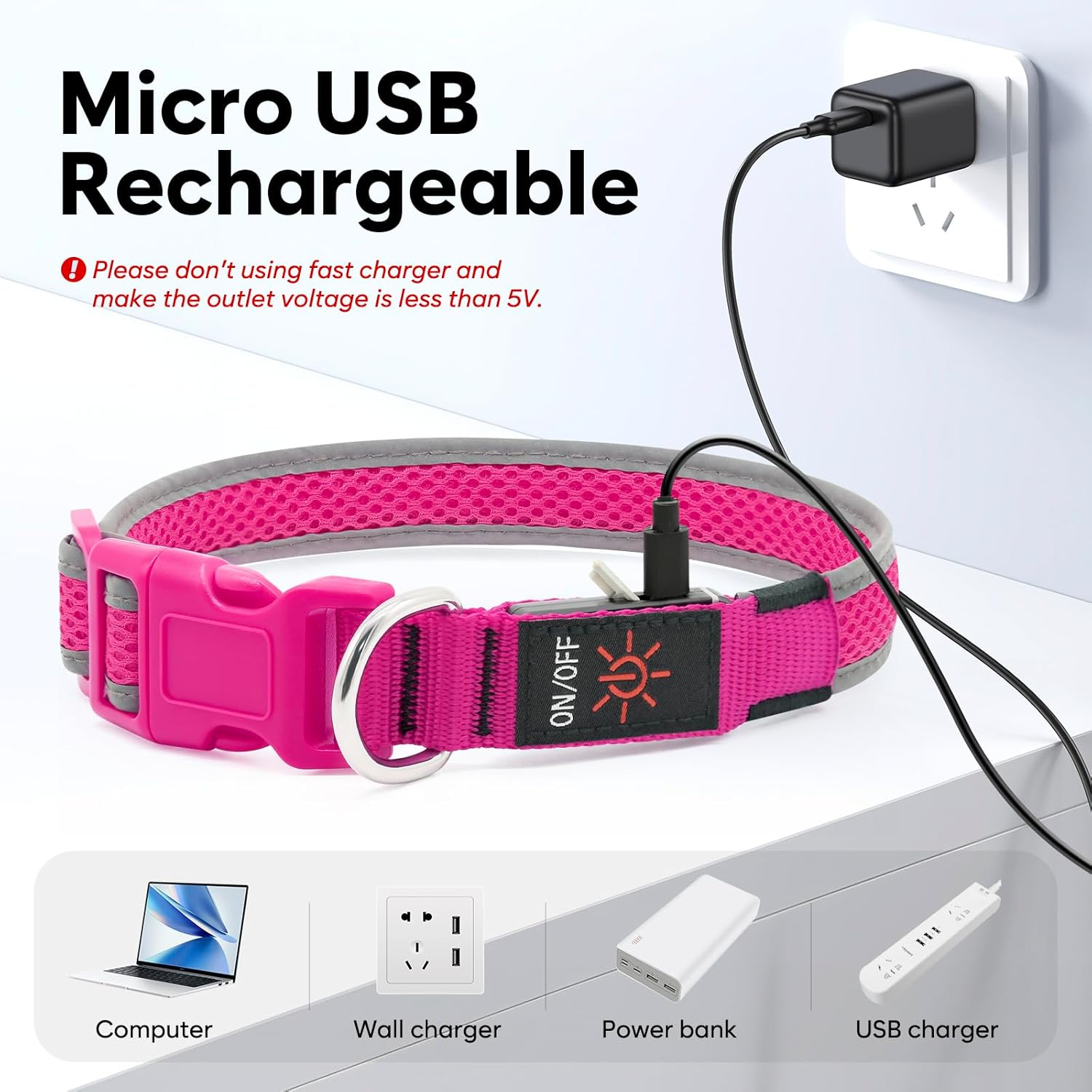 Higuard LED Dog Collar, USB Rechargeable Glowing Pet Collar Night Safety LED Light up with Nylon Webbing Perfect for Small, Medium, Large Dogs (Small Collar[8"-14" Inch / 20.3-35.5Cm], Candy Pink) image number 4