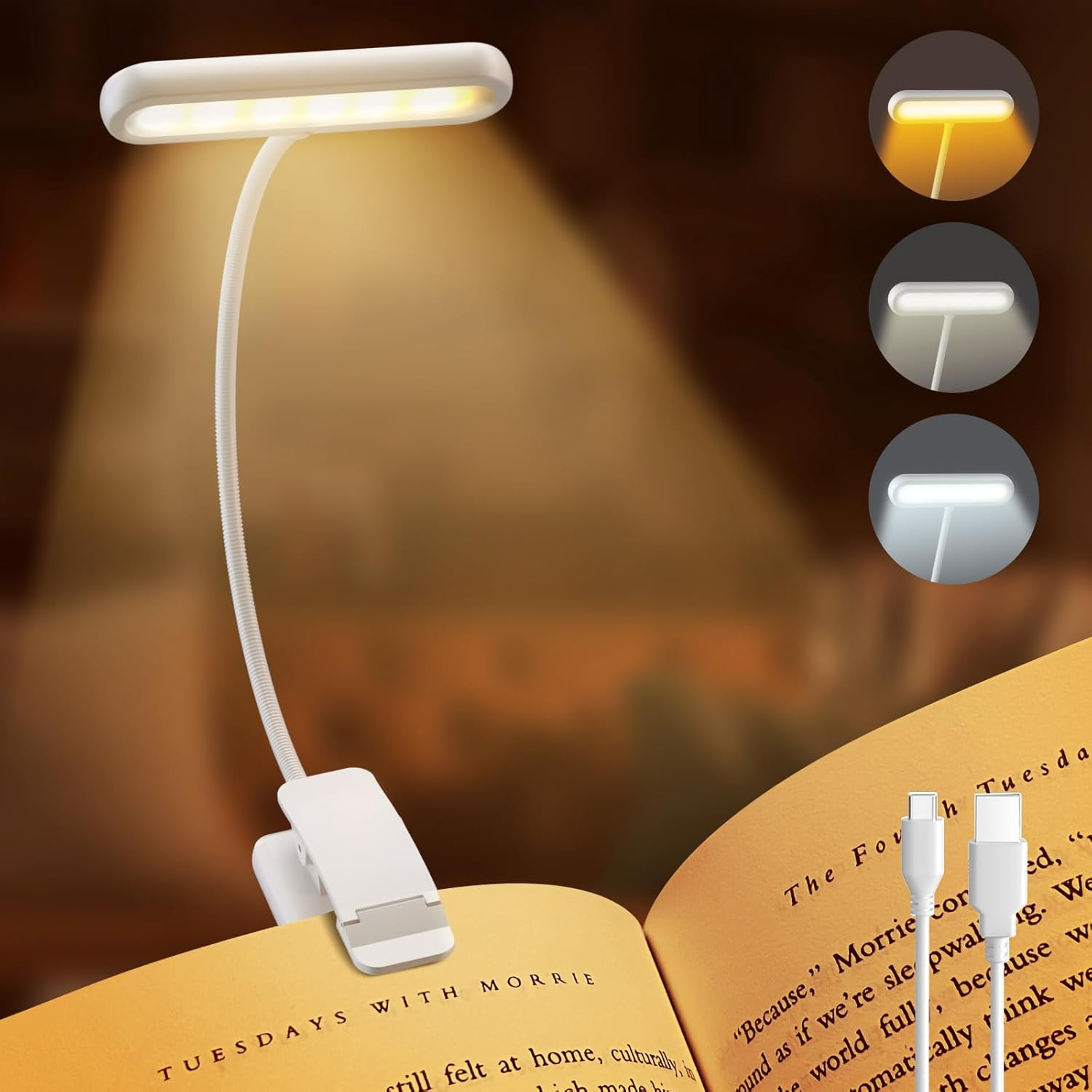 Book Light, [Adapter Included] Rechargeable Book Lights for Reading at Night in Bed with 3 Color & 10 Brightness Dimmable, Flexible Gooseneck Small Clip on Reading Light for Kids - 2 Pack/White image number 2