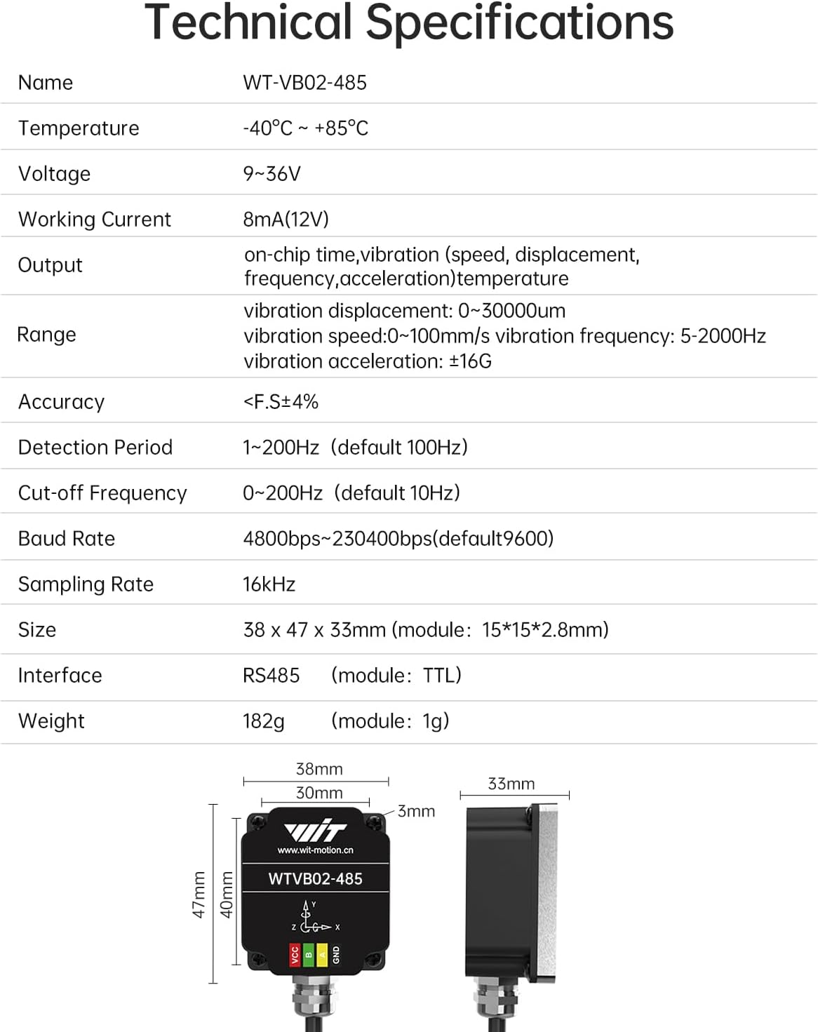 Witmotion WTVB02-485 IP68 Waterproof Vibration Sensor, Modbus 3-Axis (XYZ) Vibration Displacement(30000Um)+Speed(100Mm/S)+Amplitude(180&deg;), for Machinery Analysis (Multi-Connection Vibration Transducer image number 4