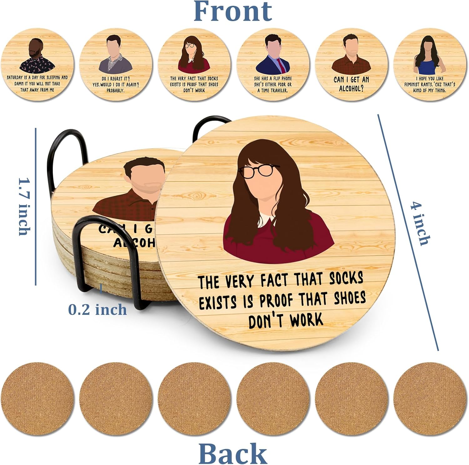 New Girl Cork Coasters Set of 6, Funny Novelty Coasters for Drinks Absorbent with Holder Cup Desk Office Table Kitchen Decor Accessories House Warming Gifts for New Home Couples,Round 4 Inch image number 6