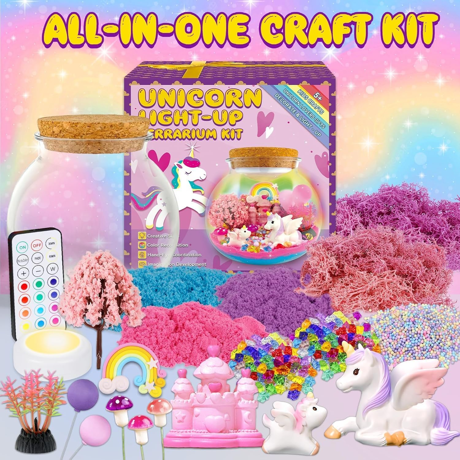 SPANKAR Unicorn Toys for Girls,Kids Light up Terrarium Kit,Led Night Light with Remote,Diy Art & Crafts Science Kit,Best Easter Birthday Gifts for Girls Age 3 4 5 6 7 8 9 10 Year Old image number 5